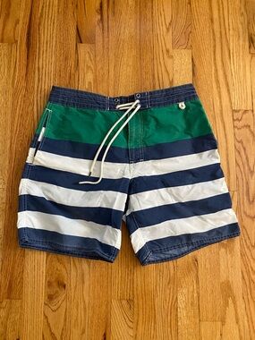 Polo by Ralph Lauren Green, Navy & White Striped Swim Board Shorts